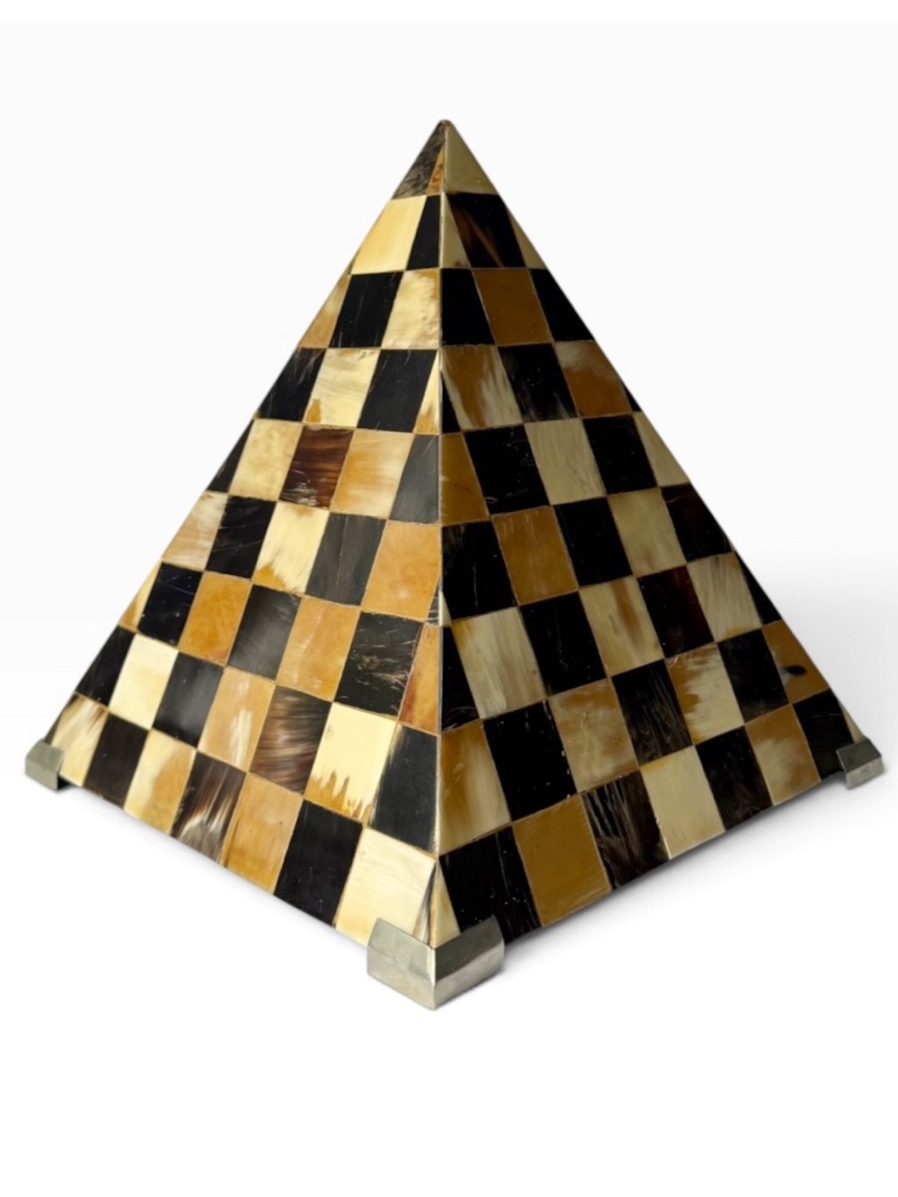 Vintage Checkered Brown Horn Veneer Pyramid Decorative Object 14”